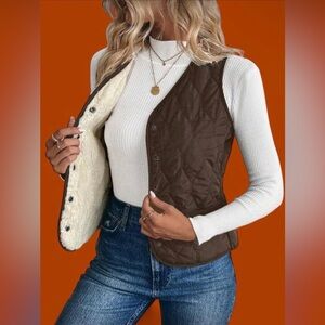 Women’s Large Brown Quilted Vest with Cream Fur Lining and Snap Button Front